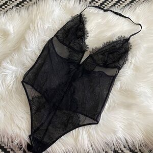NWOT Victoria's Secret Black Mesh Lace g string halter bodysuit